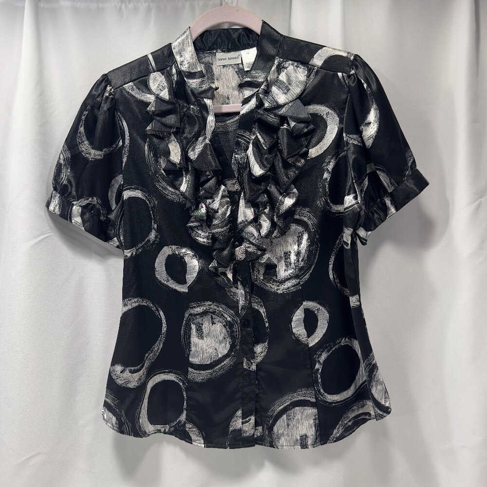 harve bernard SZ L Blouse Shirt Silky Black & White Swirls Circles Puff Sleeve